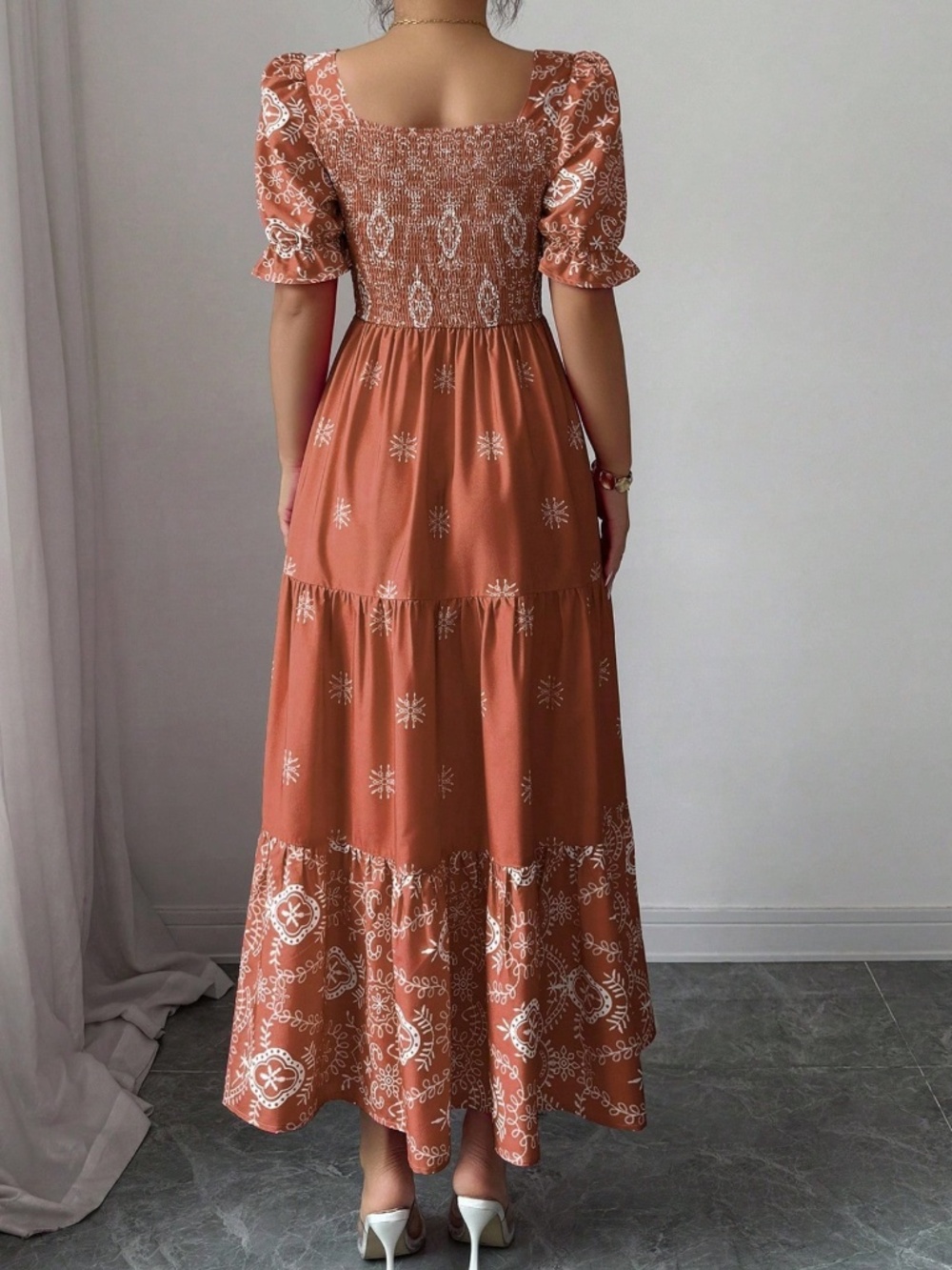 Boho All over print Sauare neck Puff Sleeve Ruffle Hem dress - Picture 8 of 8